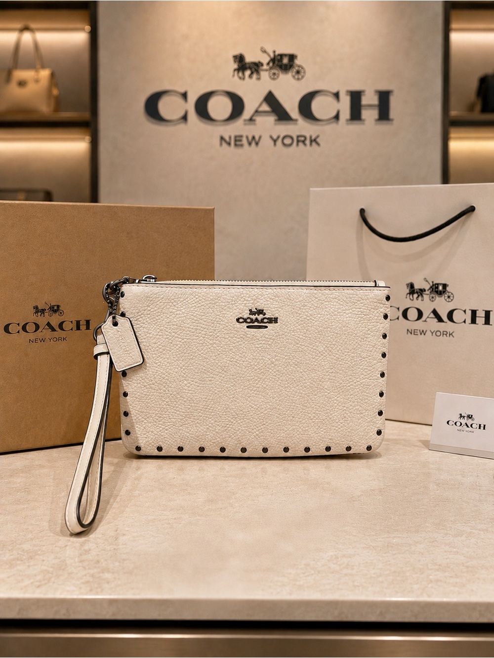 Coach Large Pebbled Leather Wristlet W/ Rivets EUC